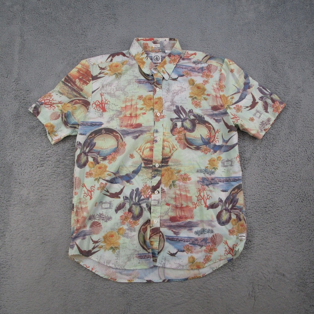 Volcom Ol Shipster Nautical Print Button Up Shirt Mens Large Short Sleeve Floral